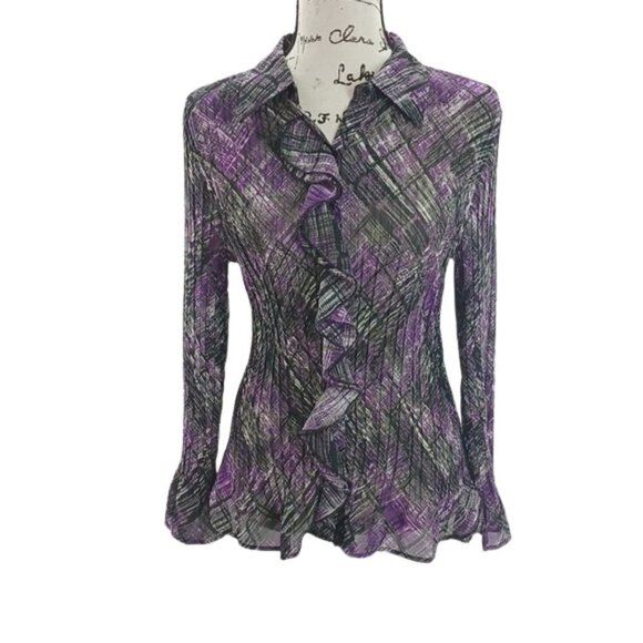 APT 9 Blouse Purple Button Down Ruffle Sheer Long Sleeve Petite Size L - Picture 1 of 7